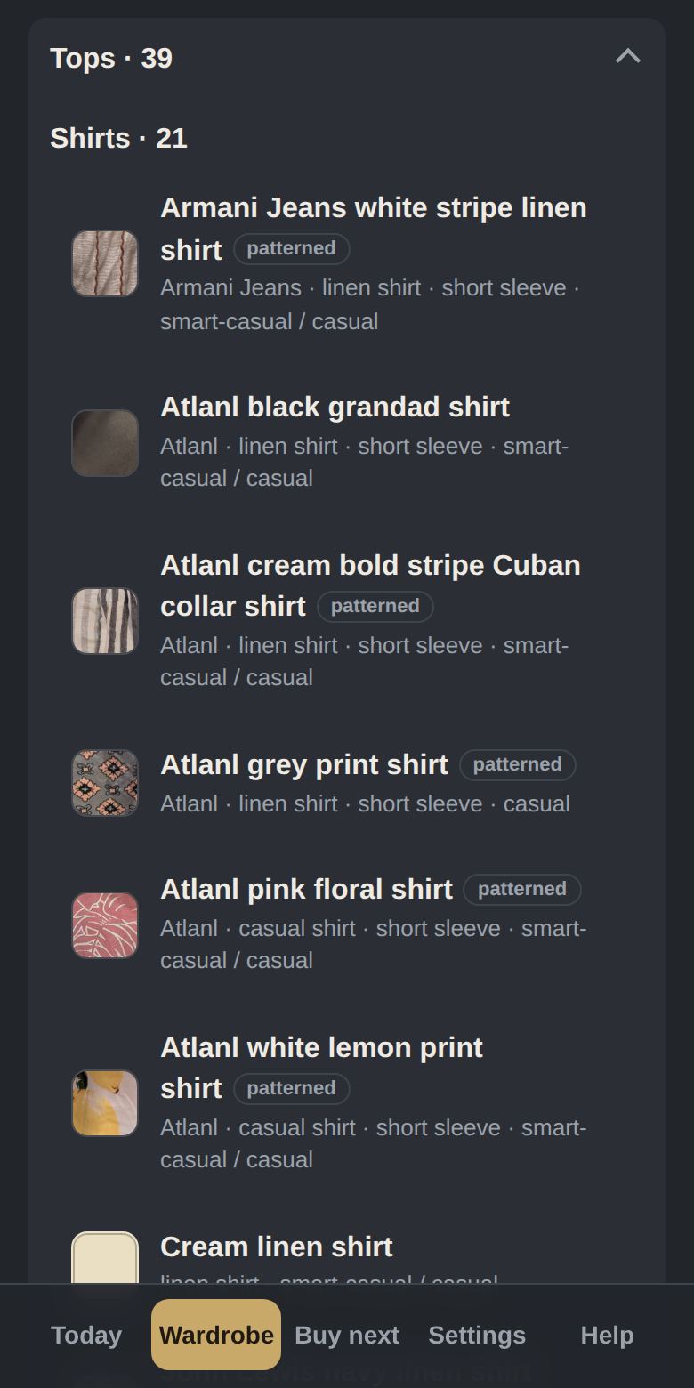 Wardrobe list grouped by type